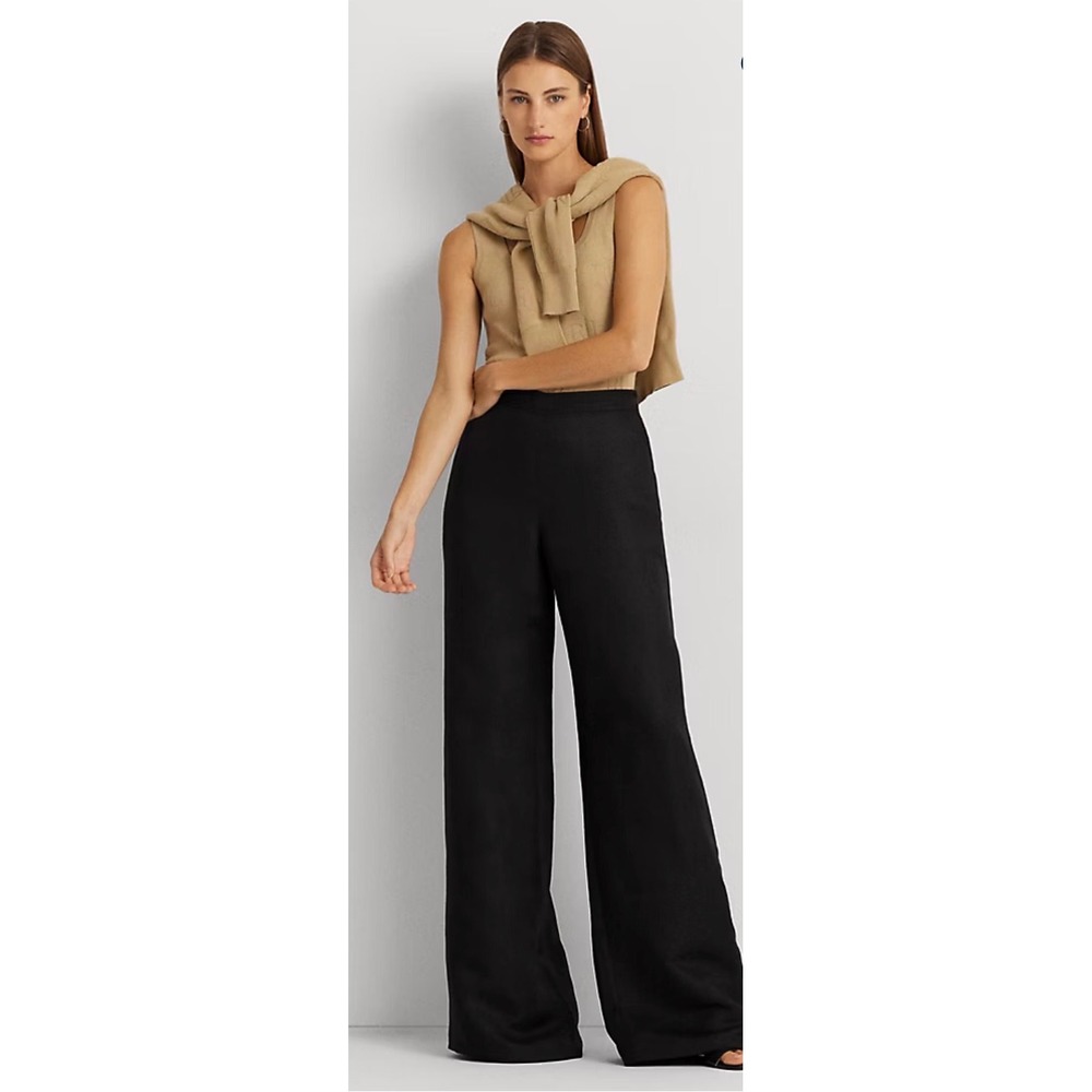 VINTAGE RALPH LAUREN Linen Pants Trouser Black Wide Leg High‎ Waist 14 Long RARE